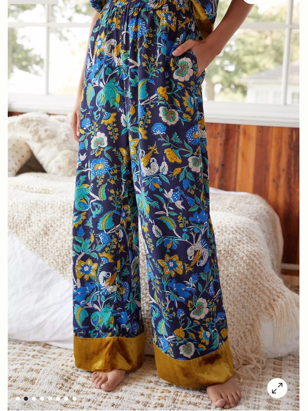 Anthropologie Wide Leg Floral Clara Velvet-Trimmed Lounge Pants
